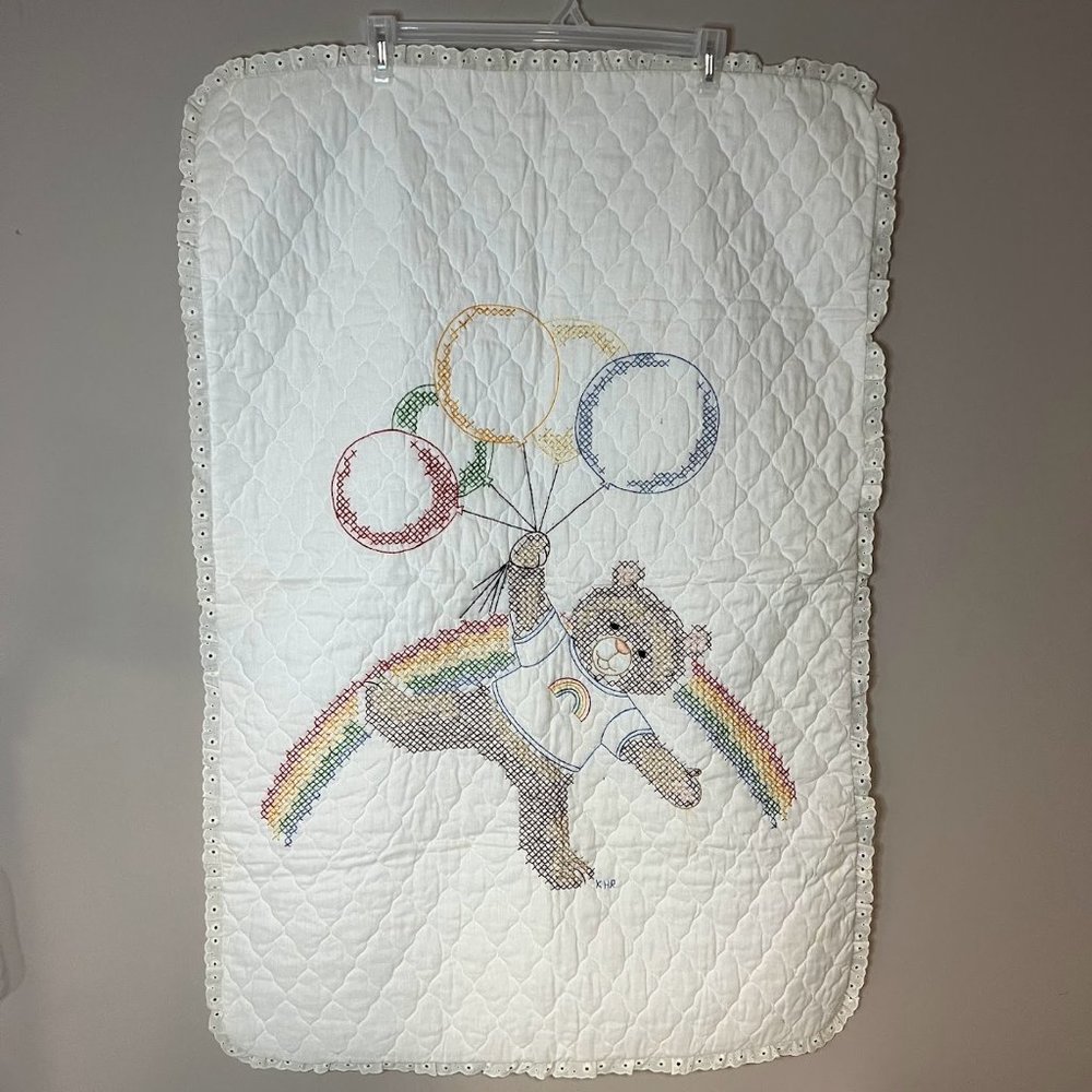Vintage Rainbow Bear Cross Stitch Embroidered Nursery Quilt Crib Bedding